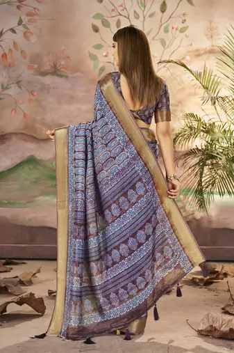 Purple Brown Graceful Woven Border With Smart Printed Partywear Saree
