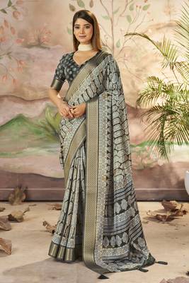 Carbon Grey Graceful Woven Border With Smart Printed Partywear Saree 1
