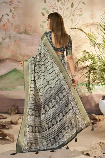 Carbon Grey Graceful Woven Border With Smart Printed Partywear Saree