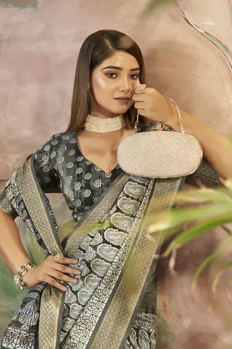 Carbon Grey Graceful Woven Border With Smart Printed Partywear Saree