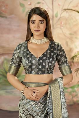 Carbon Grey Graceful Woven Border With Smart Printed Partywear Saree 4