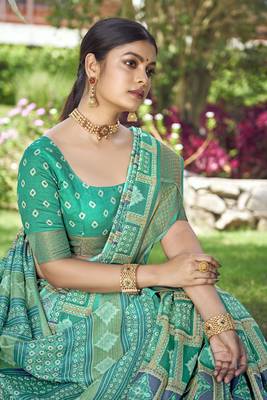 Woven Border With Printed Rama Kalamkari silk blend Ethnic Partywear Saree 2