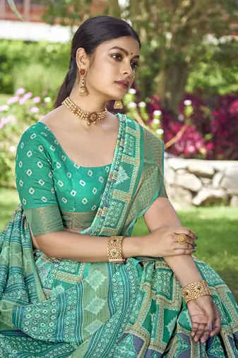 Woven Border With Printed Rama Kalamkari silk blend Ethnic Partywear Saree