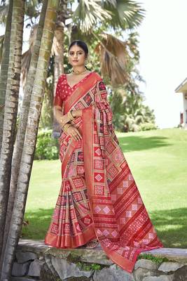 Woven Border With Printed Red Kalamkari silk blend Ethnic Partywear Saree 1