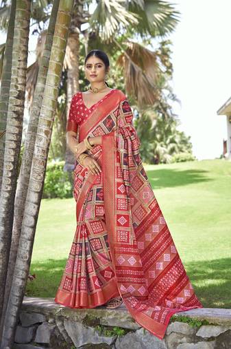 Woven Border Designer With Printed Red Kalamkari Silk Ethnic Partywear Saree