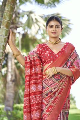 Woven Border With Printed Red Kalamkari silk blend Ethnic Partywear Saree 2