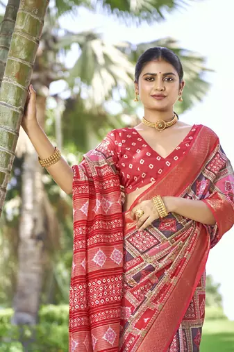Woven Border With Printed Red Kalamkari silk blend Ethnic Partywear Saree