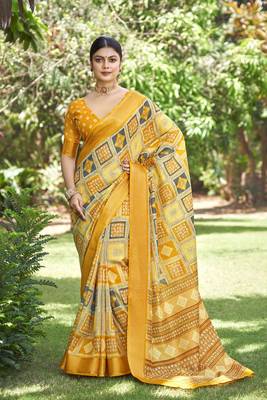 Woven Border With Printed Yellow Kalamkari silk blend Ethnic Partywear Saree 1