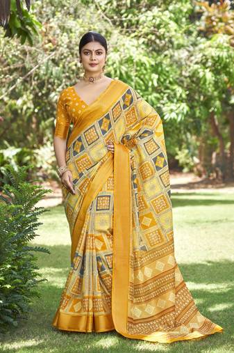 Woven Border Designer With Printed Yellow Kalamkari Silk Ethnic Partywear Saree