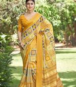 Woven Border With Printed Yellow Kalamkari Silk Ethnic Partywear Saree