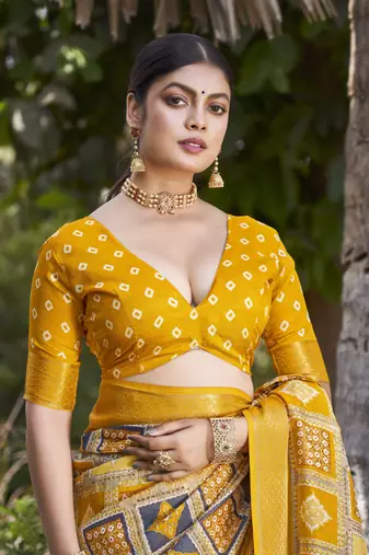 Woven Border With Printed Yellow Kalamkari silk blend Ethnic Partywear Saree