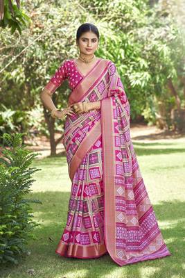 Woven Border With Printed Pink Kalamkari silk blend Ethnic Partywear Saree 1