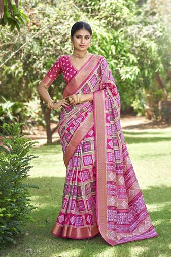 Woven Border Designer With Printed Pink Kalamkari Silk Ethnic Partywear Saree