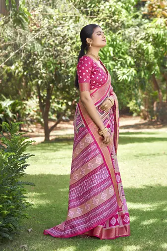 Woven Border With Printed Pink Kalamkari silk blend Ethnic Partywear Saree