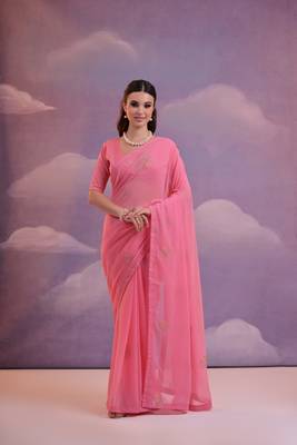 Pink Sequins Work Georgette c Partywear Ethnic Saree 1