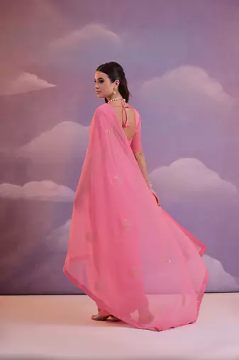 Pink Sequins Work Georgette c Partywear Ethnic Saree