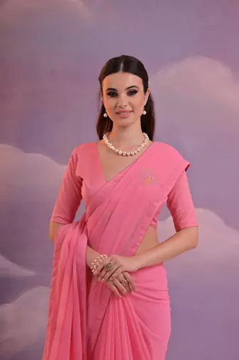 Pink Sequins Work Georgette c Partywear Ethnic Saree