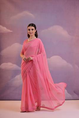 Pink Sequins Work Georgette c Partywear Ethnic Saree 4