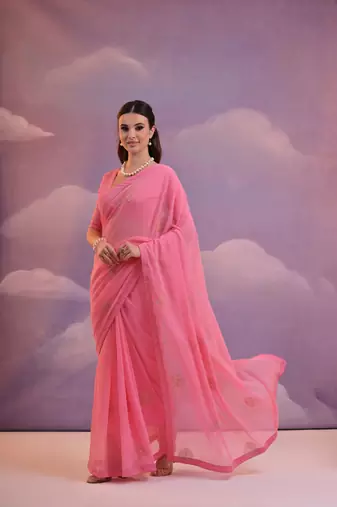 Pink Sequins Work Georgette c Partywear Ethnic Saree
