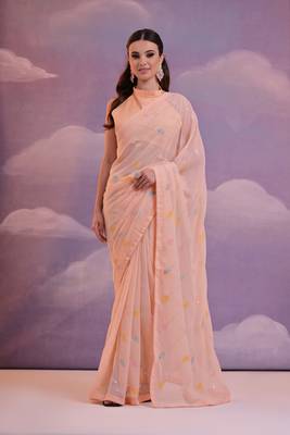 Orange Sequins Work Georgette c Partywear Ethnic Saree 1