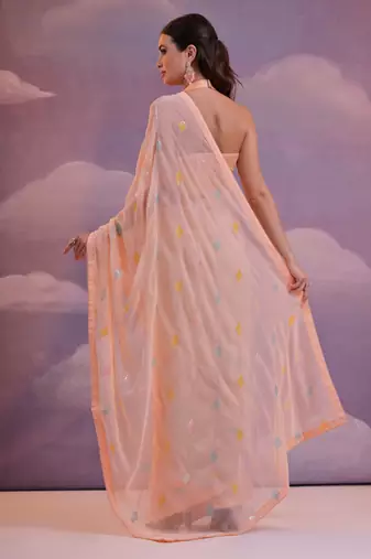 Orange Sequins Work Georgette c Partywear Ethnic Saree