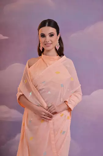 Orange Sequins Work Georgette c Partywear Ethnic Saree