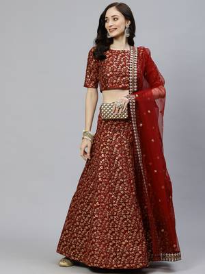 MAROON ZARI AND HEAVY SEQUINS EMBROIDERED ART SILK SEMI STITCHED WEDDING PARTY WEAR LEHENGA CHOLI WITH DUPATTA 6