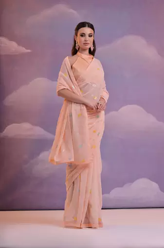 Orange Sequins Work Georgette c Partywear Ethnic Saree
