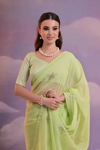 Parrot Sequins Work Georgette c Partywear Ethnic Saree