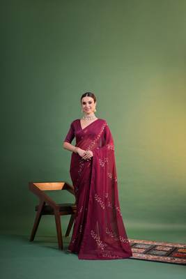 Wine Sequins Work Georgette c Partywear Ethnic Saree 1