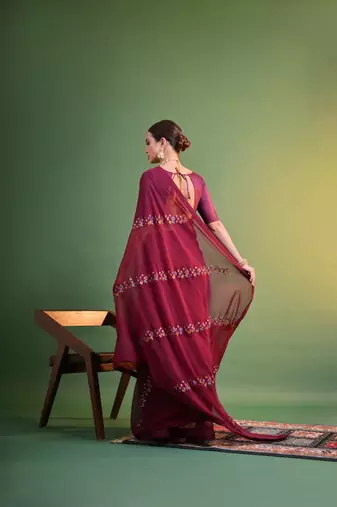 Wine Sequins Work Georgette c Partywear Ethnic Saree