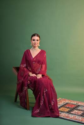 Wine Sequins Work Georgette c Partywear Ethnic Saree 3