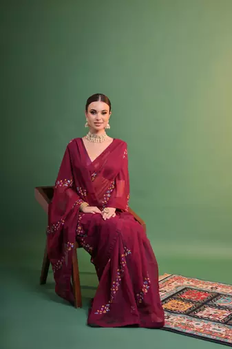Wine Sequins Work Georgette c Partywear Ethnic Saree