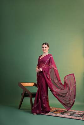 Wine Sequins Work Georgette c Partywear Ethnic Saree 4