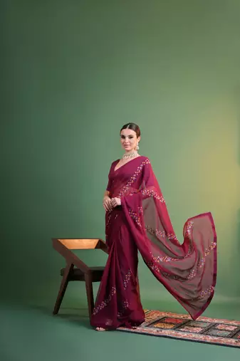 Wine Sequins Work Georgette c Partywear Ethnic Saree