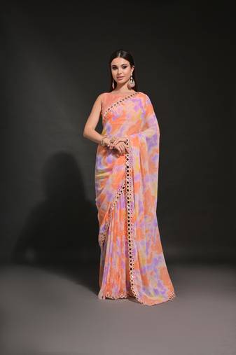 Prizam Printed Orange Ethnic Saree With Mirror Work Border