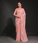  Prizam Printed Orange Ethnic Saree With Mirror Work Border