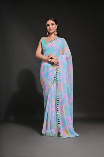  Prizam Printed Blue Ethnic Saree With Mirror Work Border
