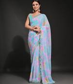  Prizam Printed Blue Ethnic Saree With Mirror Work Border