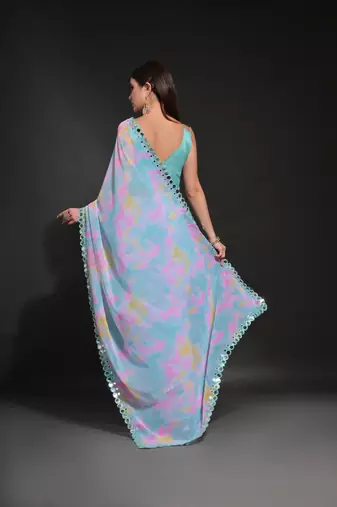  Prizam Printed Blue Ethnic Saree With Mirror Work Border