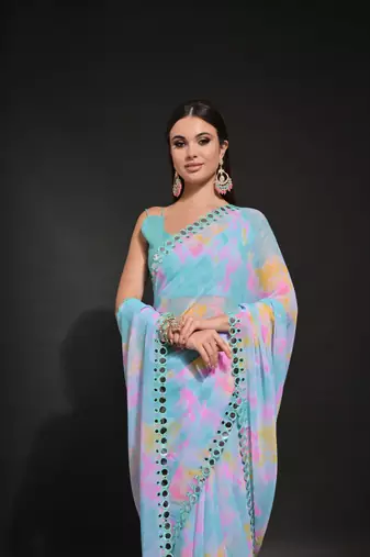  Prizam Printed Blue Ethnic Saree With Mirror Work Border