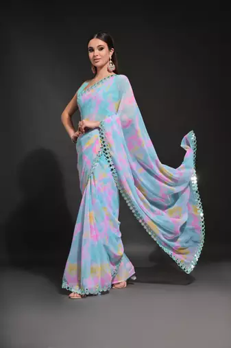  Prizam Printed Blue Ethnic Saree With Mirror Work Border