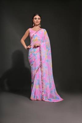  Prizam Printed Pink Ethnic Saree With Mirror Work Border 1