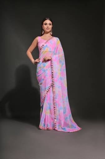  Prizam Printed Pink Ethnic Saree With Mirror Work Border