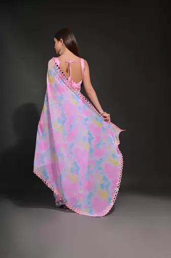  Prizam Printed Pink Ethnic Saree With Mirror Work Border
