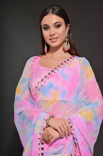  Prizam Printed Pink Ethnic Saree With Mirror Work Border