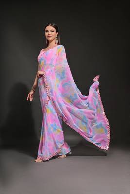  Prizam Printed Pink Ethnic Saree With Mirror Work Border 4