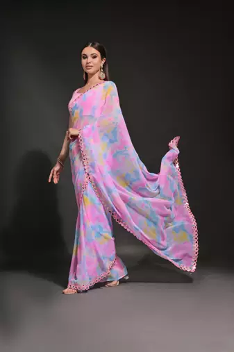  Prizam Printed Pink Ethnic Saree With Mirror Work Border