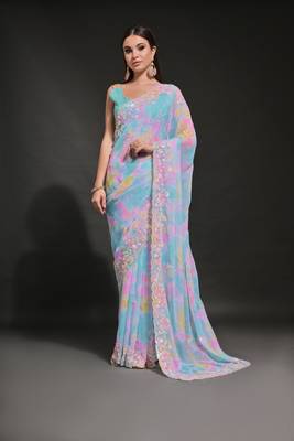 Blue Ethnic Prizam Print Saree With Trendy Sequins Work Partywear Saree 1