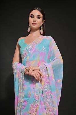 Blue Ethnic Prizam Print Saree With Trendy Sequins Work Partywear Saree 3